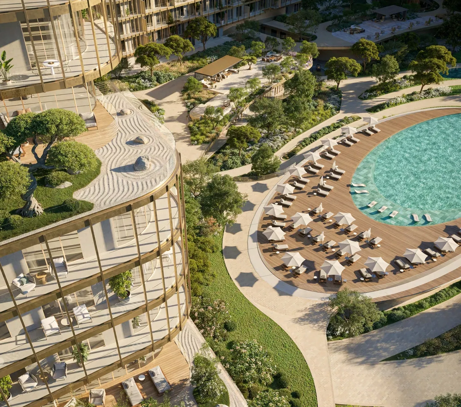 Aerial render of curved residences set around a landscaped resort pool on Dubai Islands