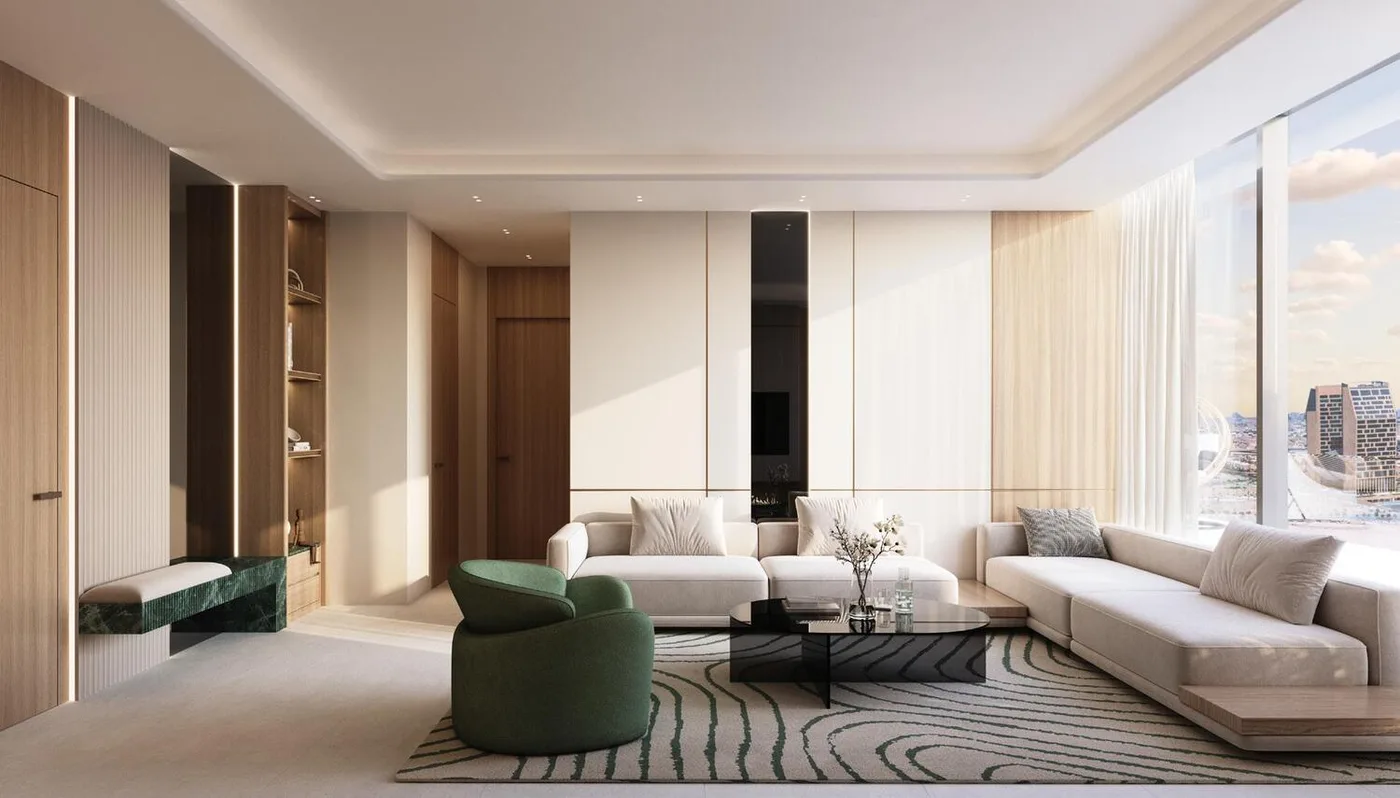 Interior render at Binghatti Hillside.